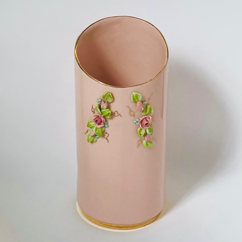 7" Beebe Porcelain California Pink Vase Holder Applied Roses Gilt c1950s *EUC*